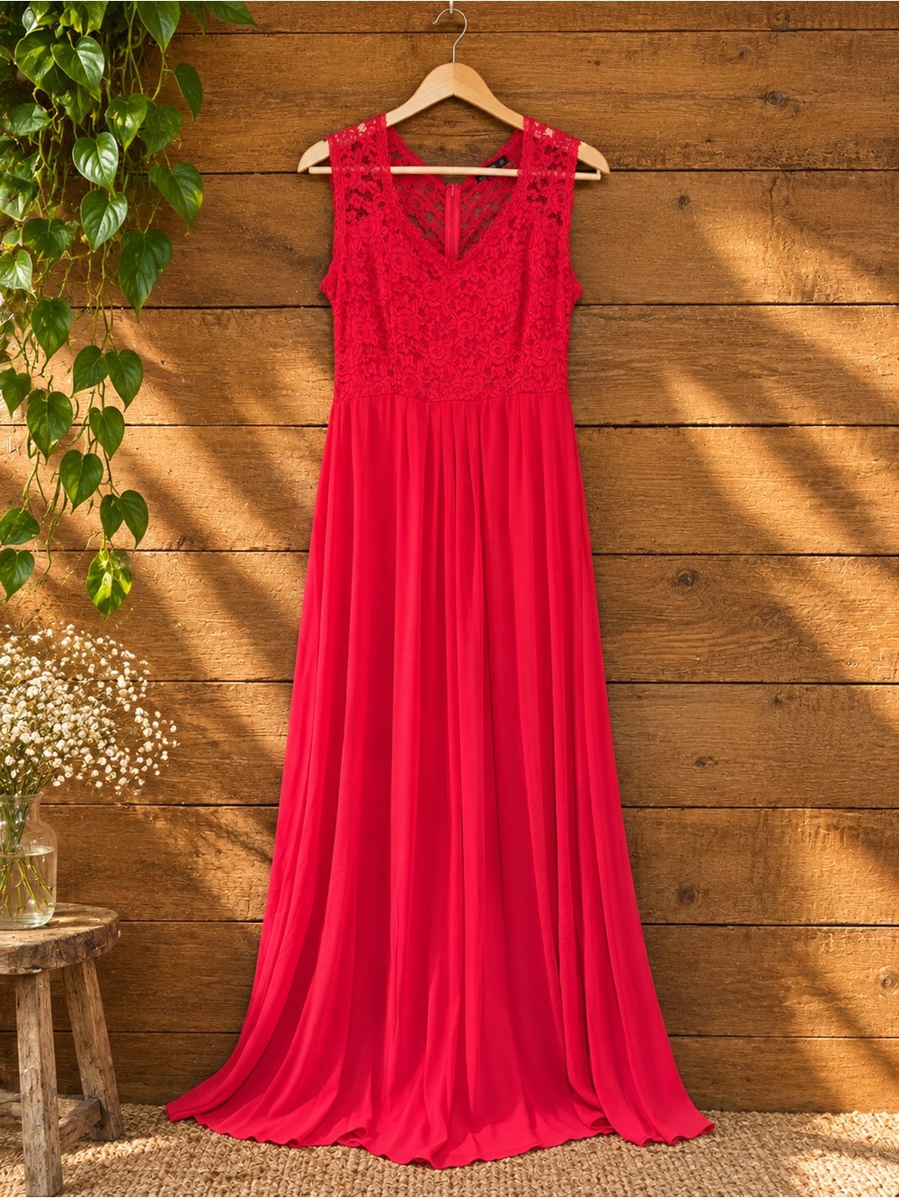 MIUSOL Red Floral Lace Chiffon Maxi Dress 2XL Formal Wedding Guest Evening Gown